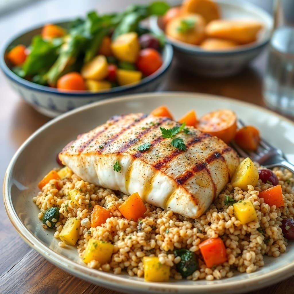 Grilled Mediterranean Swordfish with Roasted Vegetables and Quinoa