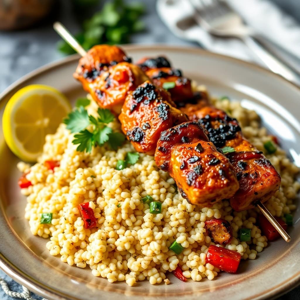 Zesty Moroccan-Style Chicken Skewers with Charred Vegetable Couscous