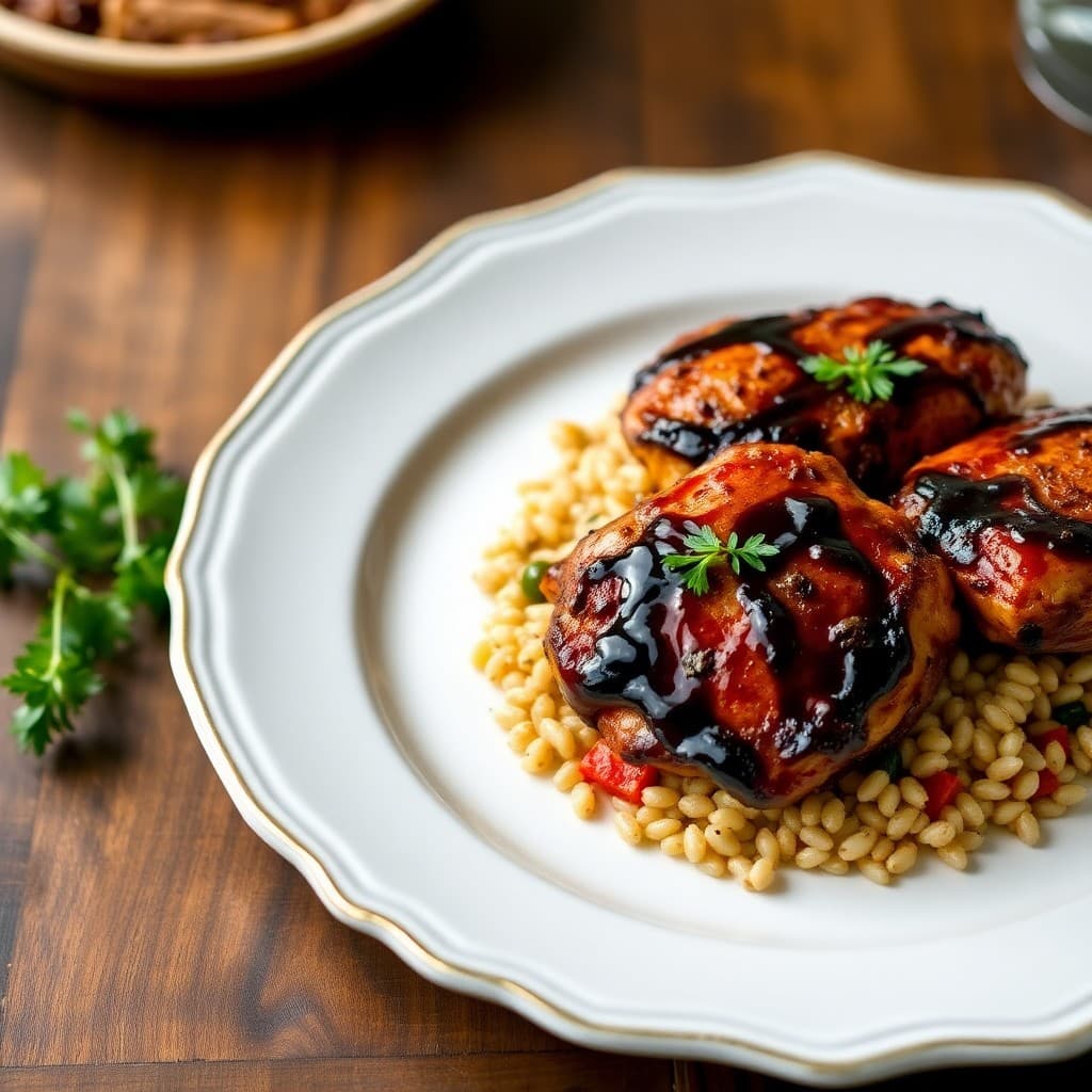 Balsamic Glazed Chicken Thighs with Roasted Veggie Orzo