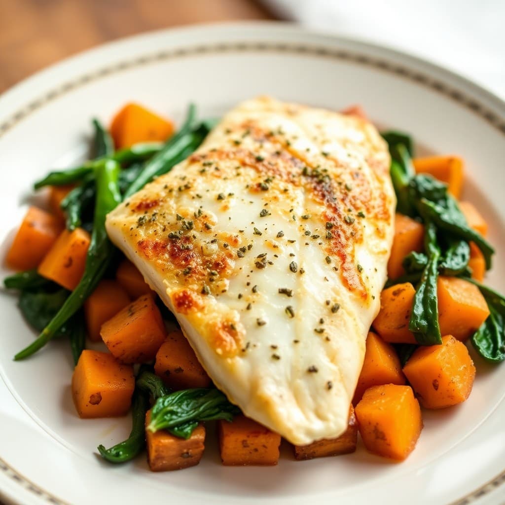 Seared Garlic-Herb Tilapia with Roasted Sweet Potato and Sautéed Greens