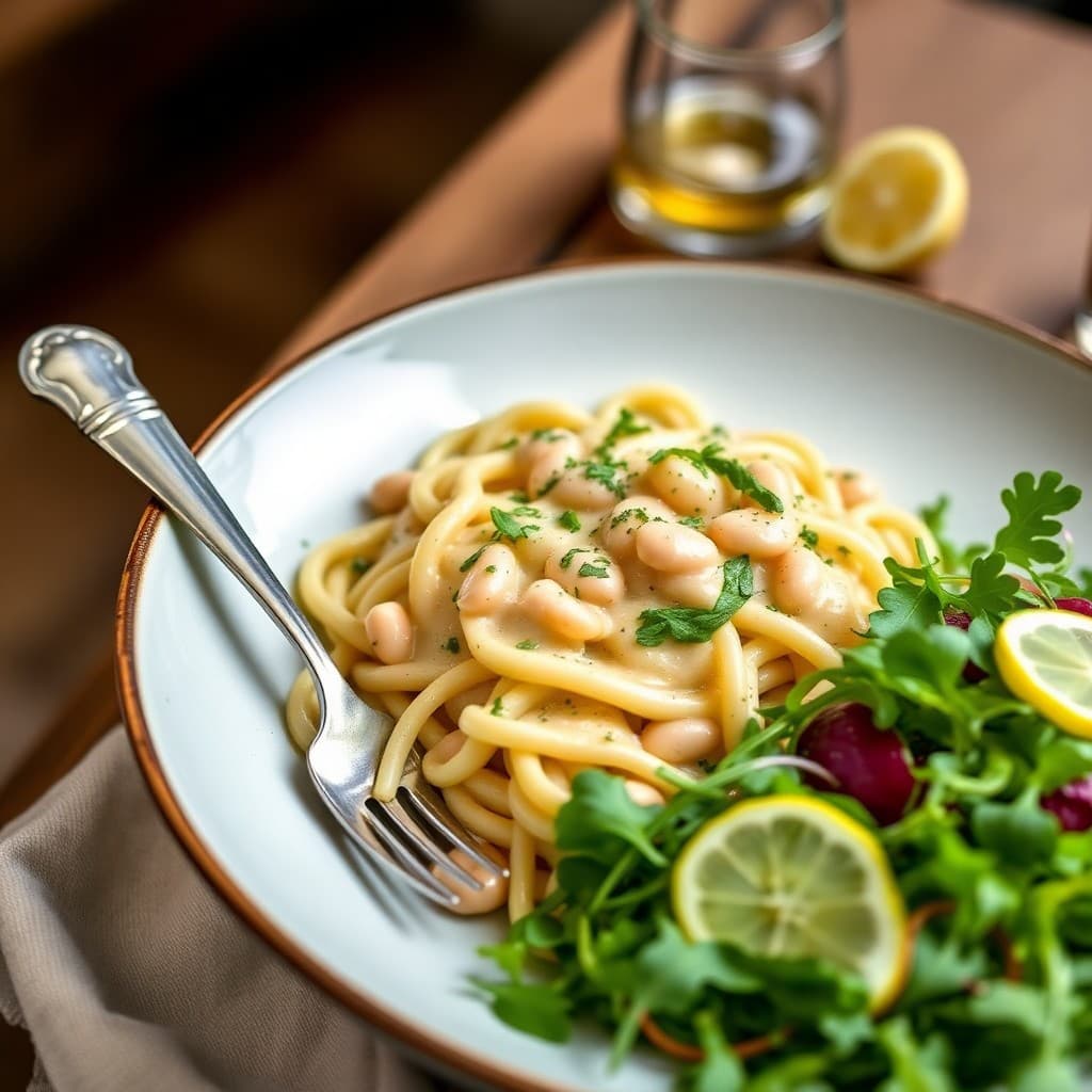 Italian Creamy Cashew & White Bean Pasta with Garlic-Herb Oil