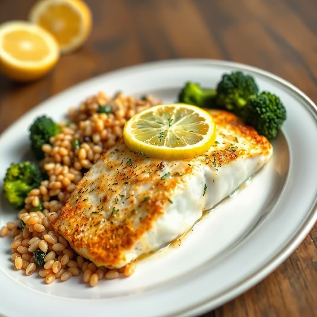 Zesty Lemon-Garlic Baked Tilapia with Roasted Broccoli and Farro Salad