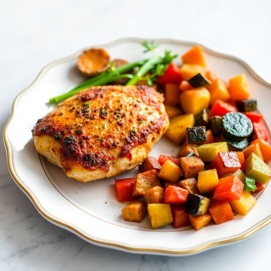 Seared Moroccan Spiced Chicken with Roasted Vegetable Medley