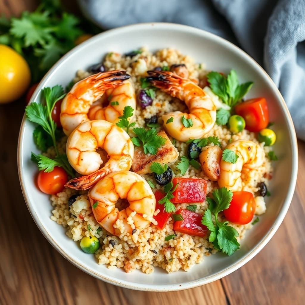 Mediterranean Quinoa Bowl with Grilled Lemon Garlic Shrimp