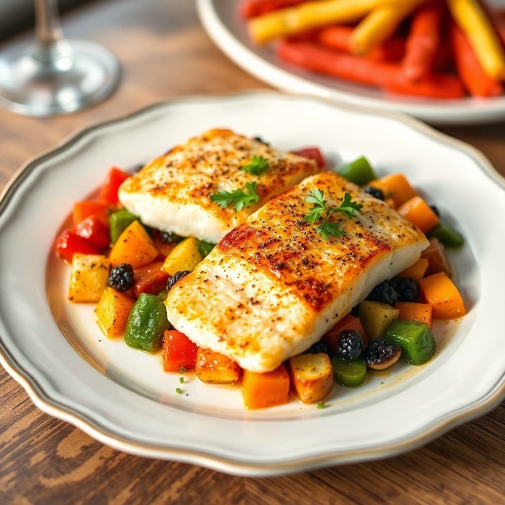 Seared Cod with Roasted Vegetable Medley