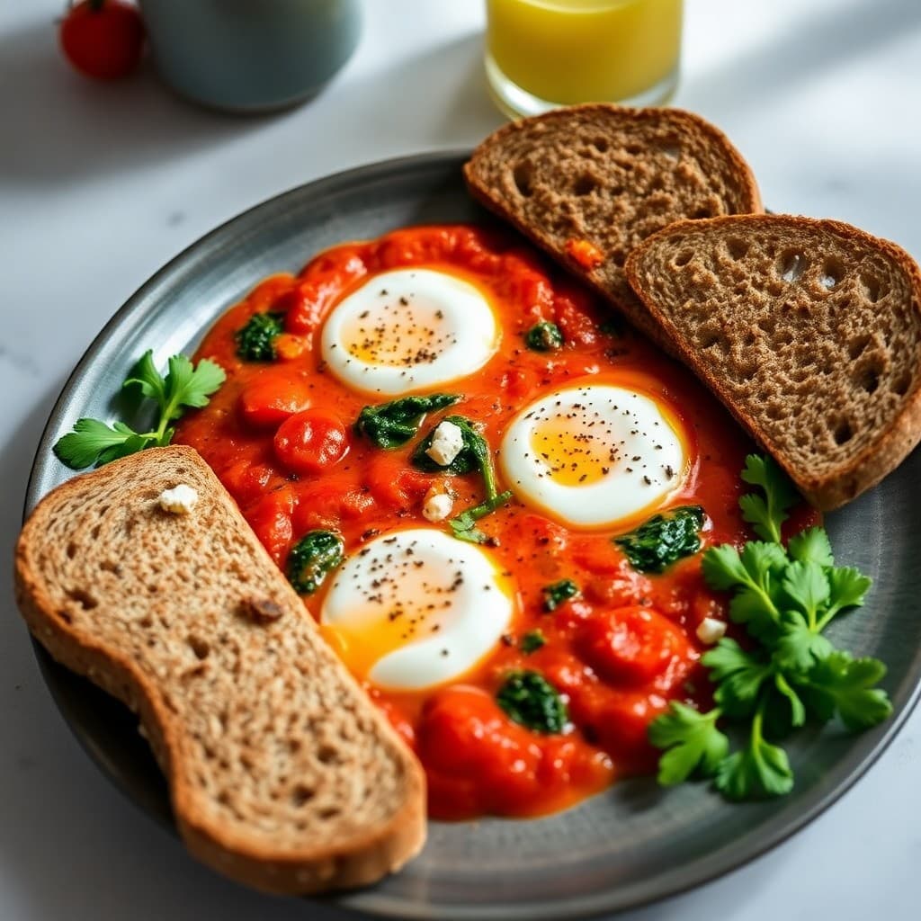 Greek Spinach & Feta Shakshuka with Crispy Halloumi & Whole Grain Toast