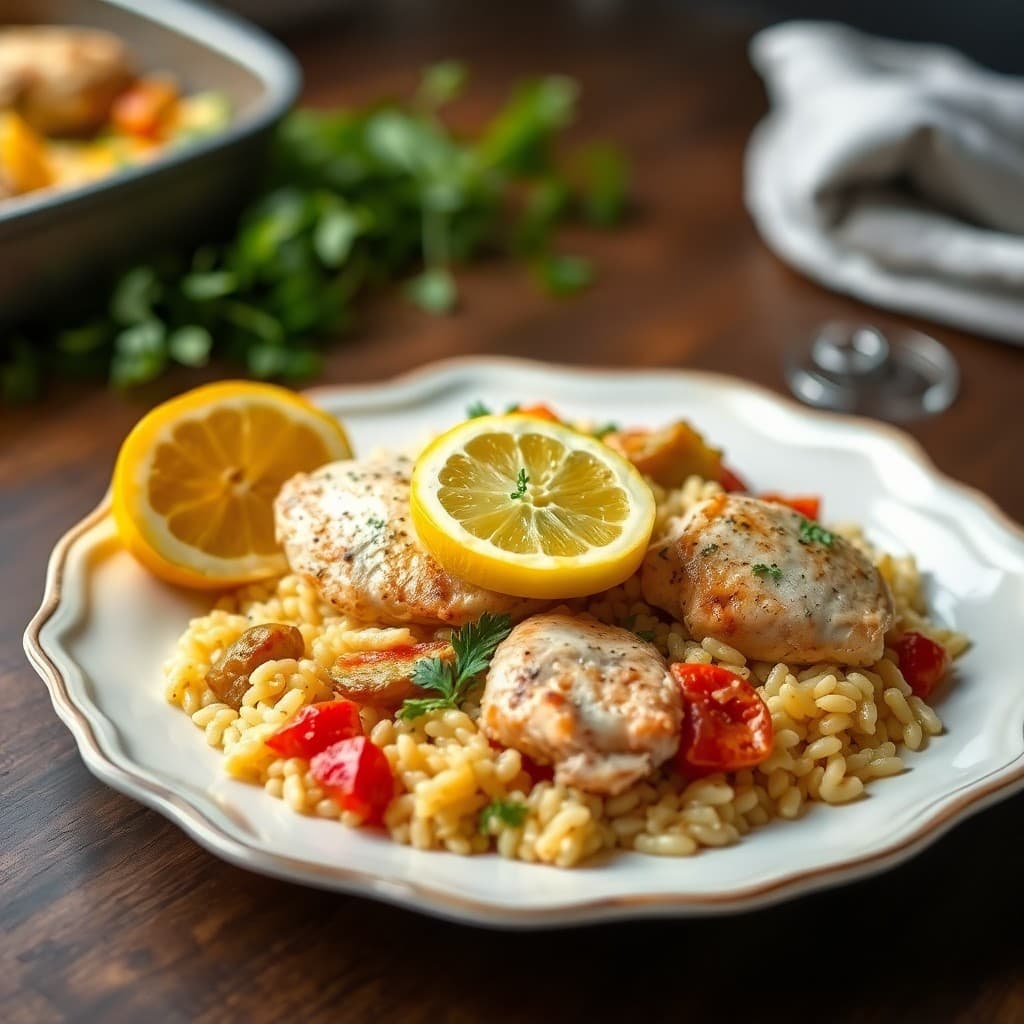 Lemon Garlic Chicken and Orzo Bake