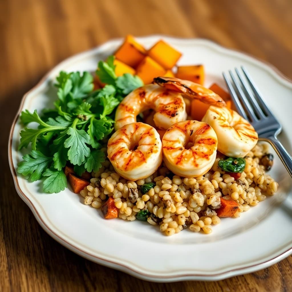 Grilled Garlic Lemon Shrimp with Roasted Sweet Potato Farro