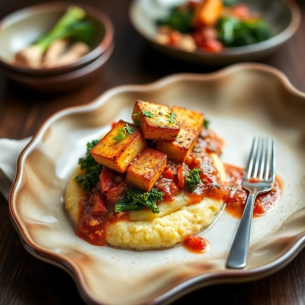 Crispy Tofu & Charred Broccoli Rabe over Creamy Polenta with White Bean Ragù
