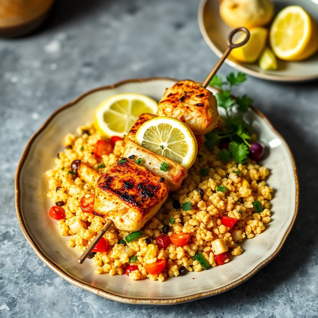 Zesty Lemon Chicken Skewers with Roasted Vegetable Couscous
