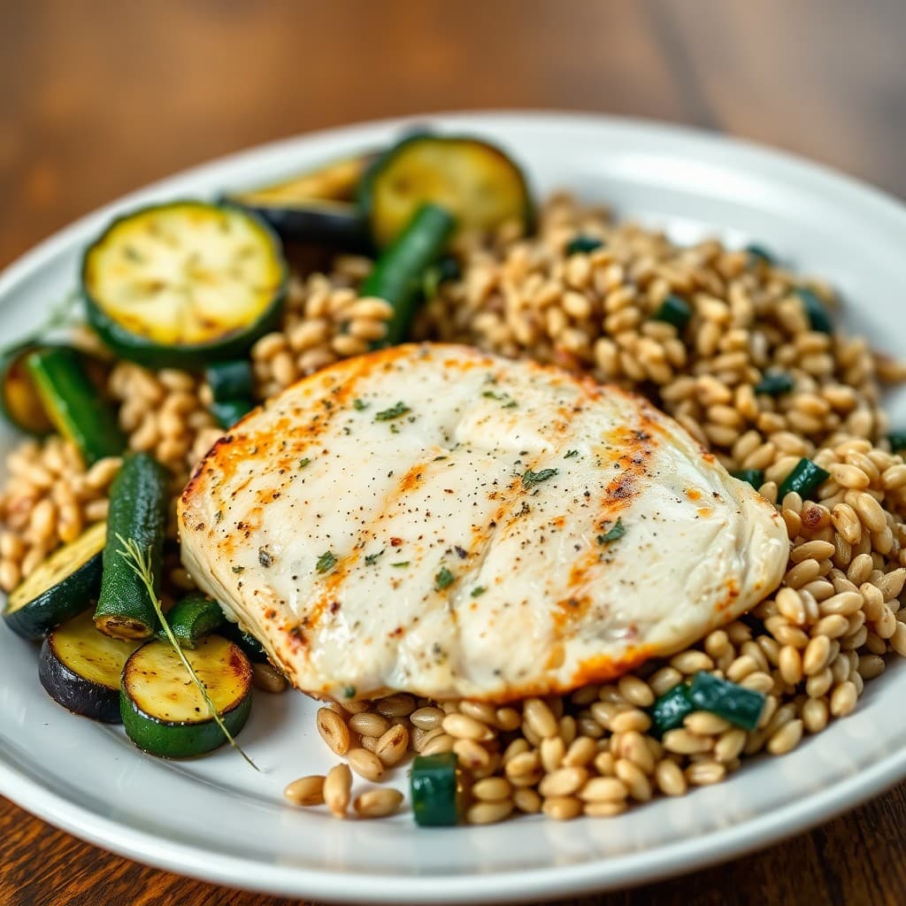 Seared Garlic-Herb Chicken with Roasted Zucchini and Farro