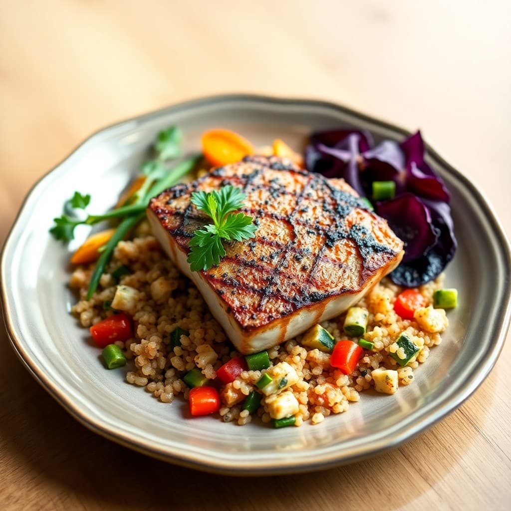 Seared Tuna Steak with Roasted Veggie Quinoa
