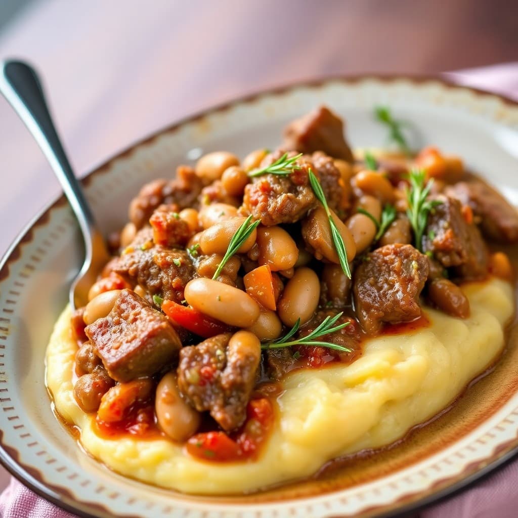 Braised White Bean & Lamb Ragù with Creamy Polenta