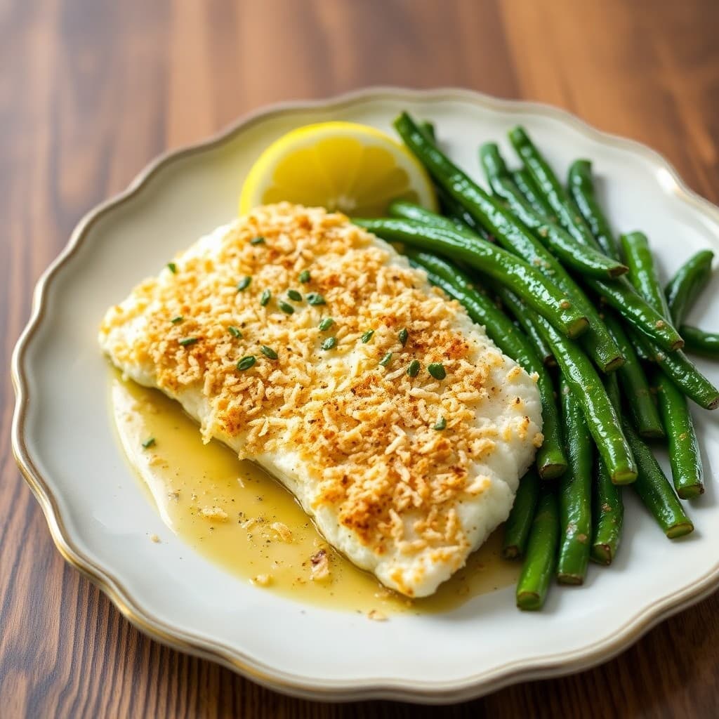Baked Coconut-Crusted Tilapia with Roasted Garlic-Lemon Green Beans