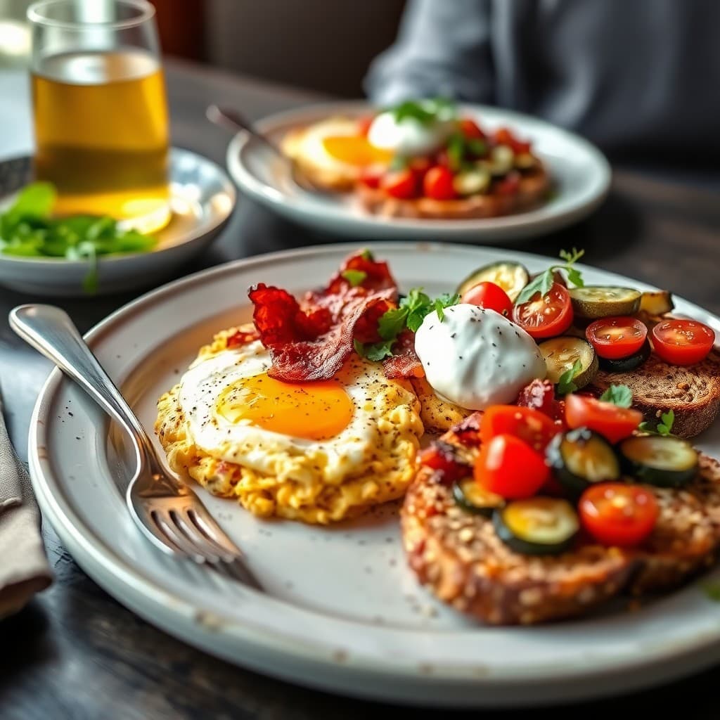Turkish Zaatar-Spiced Egg Scramble with Crispy Bacon, Whipped Labneh & Charred Vegetable Toast
