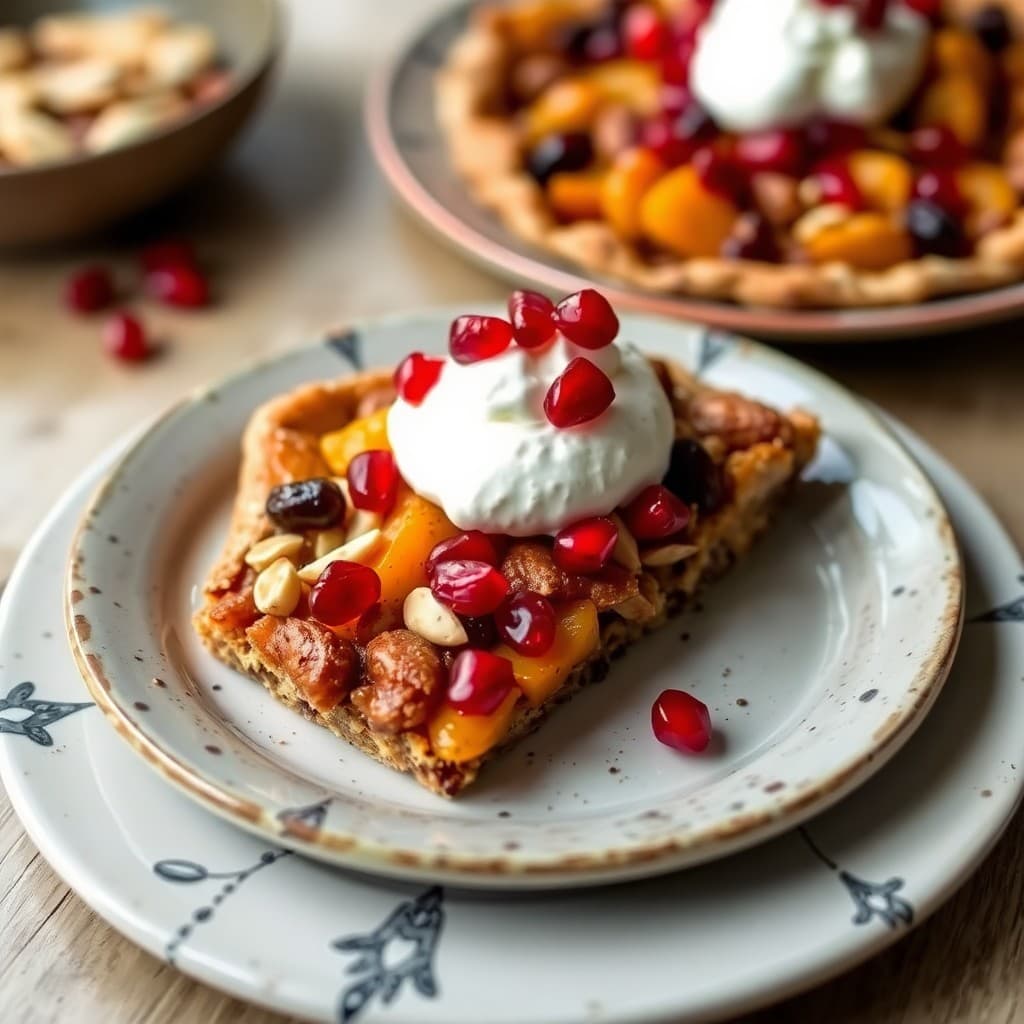 Moroccan Spiced Almond & Apricot Tart with Whipped Yogurt & Pomegranate