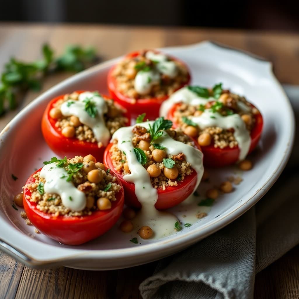 Turkish-Spiced Chickpea & Bulgur Stuffed Tomatoes with Tahini-Herb Drizzle