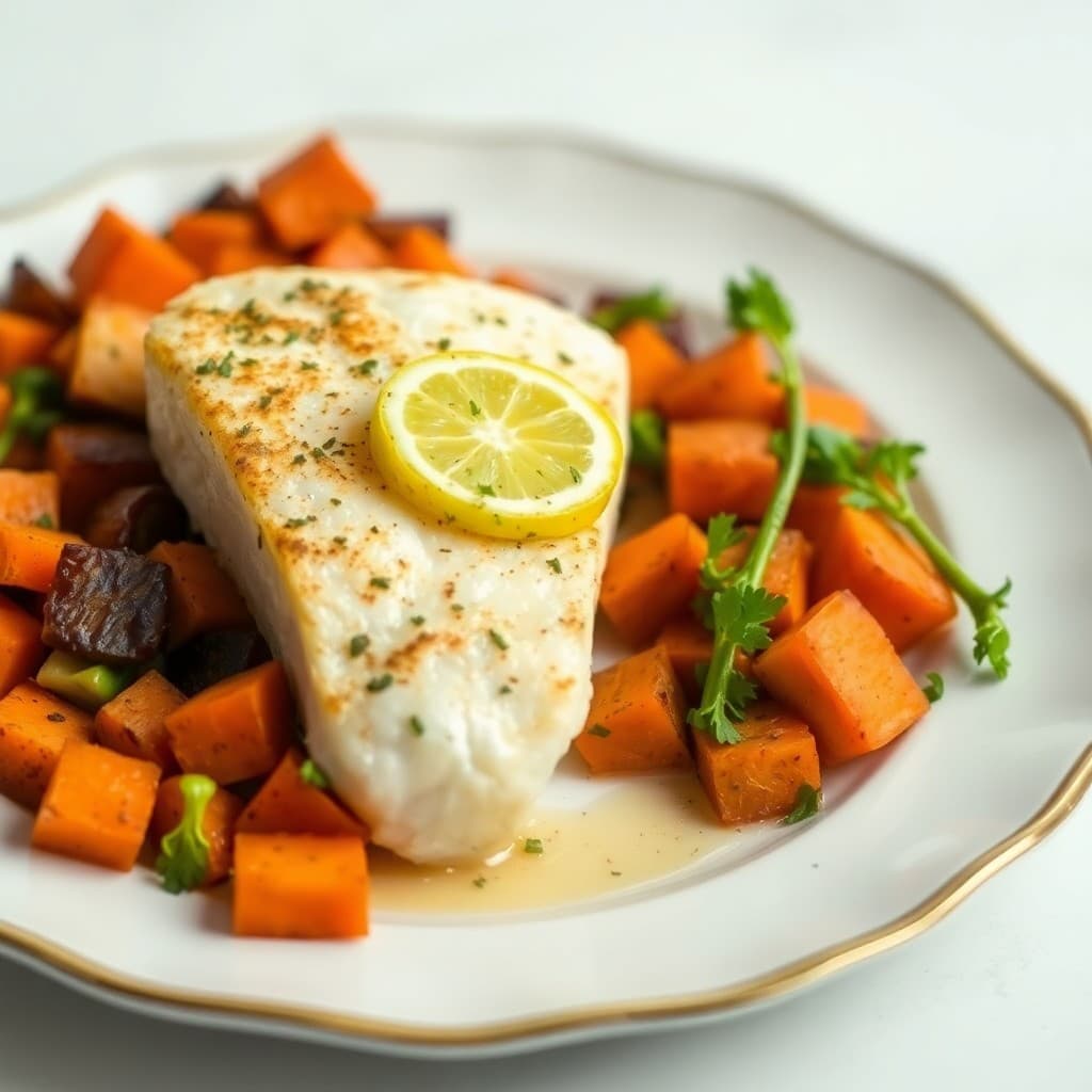 Seared Lemon Herb Cod with Roasted Sweet Potato Medley