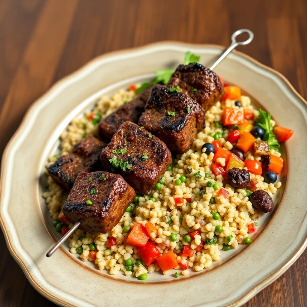Zesty Brazilian Steak Skewers with Warm Quinoa & Roasted Veggie Salad
