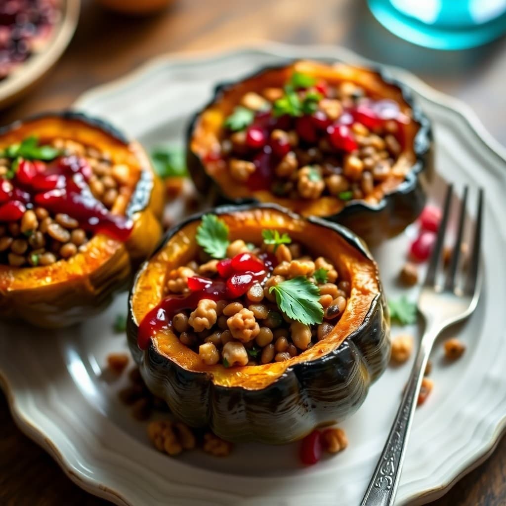 Turkish-Spiced Lentil & Walnut Stuffed Acorn Squash with Pomegranate Glaze