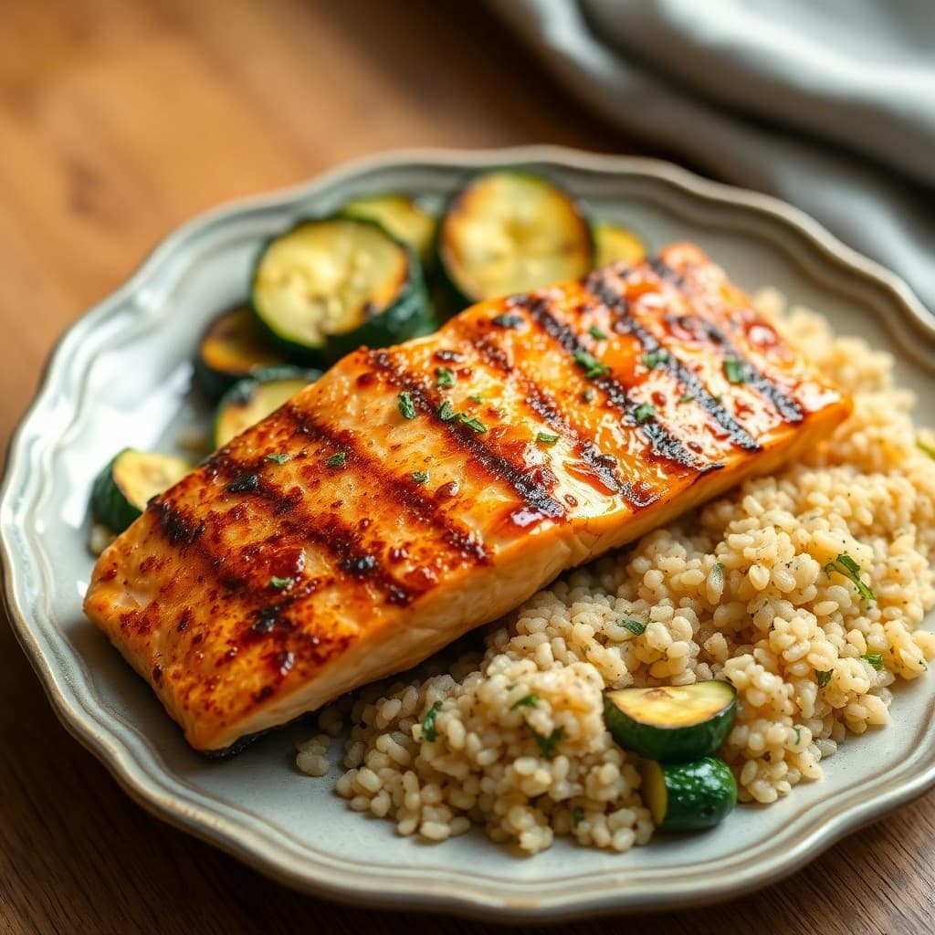 Honey Garlic Grilled Salmon with Roasted Zucchini and Quinoa