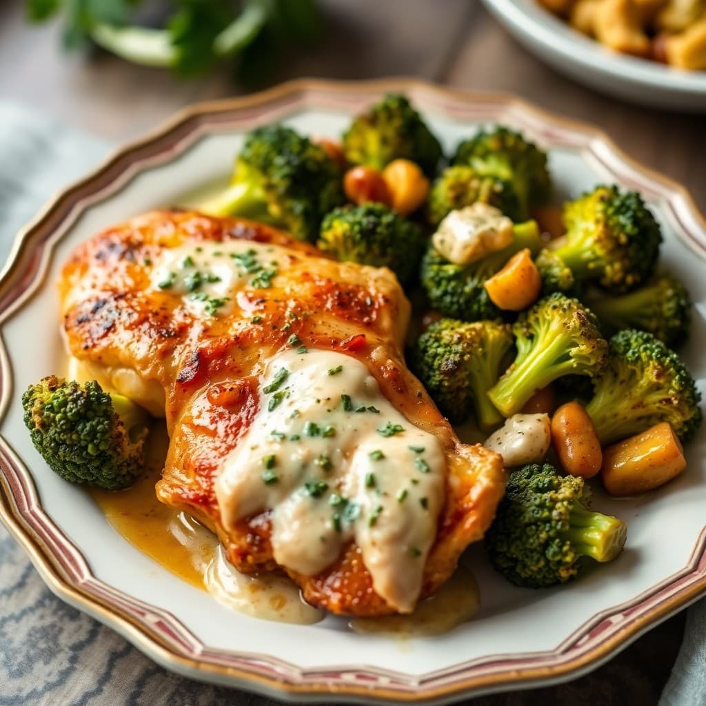 Roasted Autumn Chicken with Creamy Garlic Broccoli