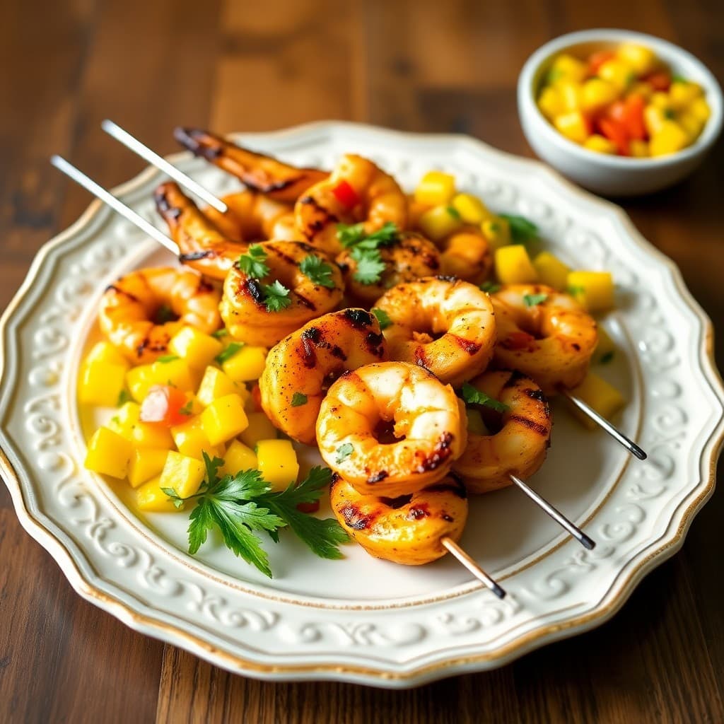 Coconut Curry Shrimp Skewers with Mango Salsa