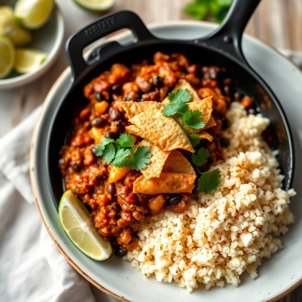 Mexican Black Bean & Seitan Enchilada Skillet with Cilantro-Lime Cauliflower Rice