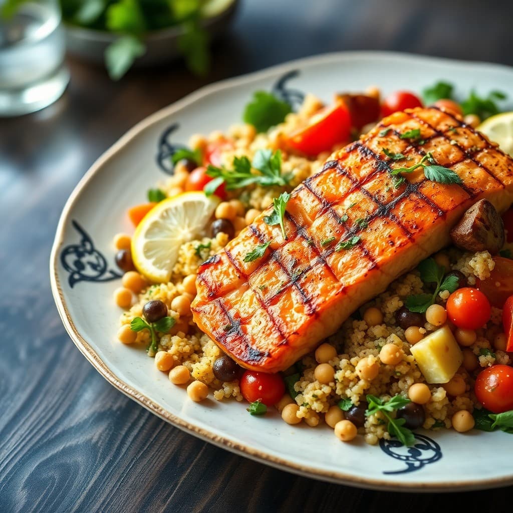 Mediterranean Quinoa Salad with Grilled Lemon Herb Salmon