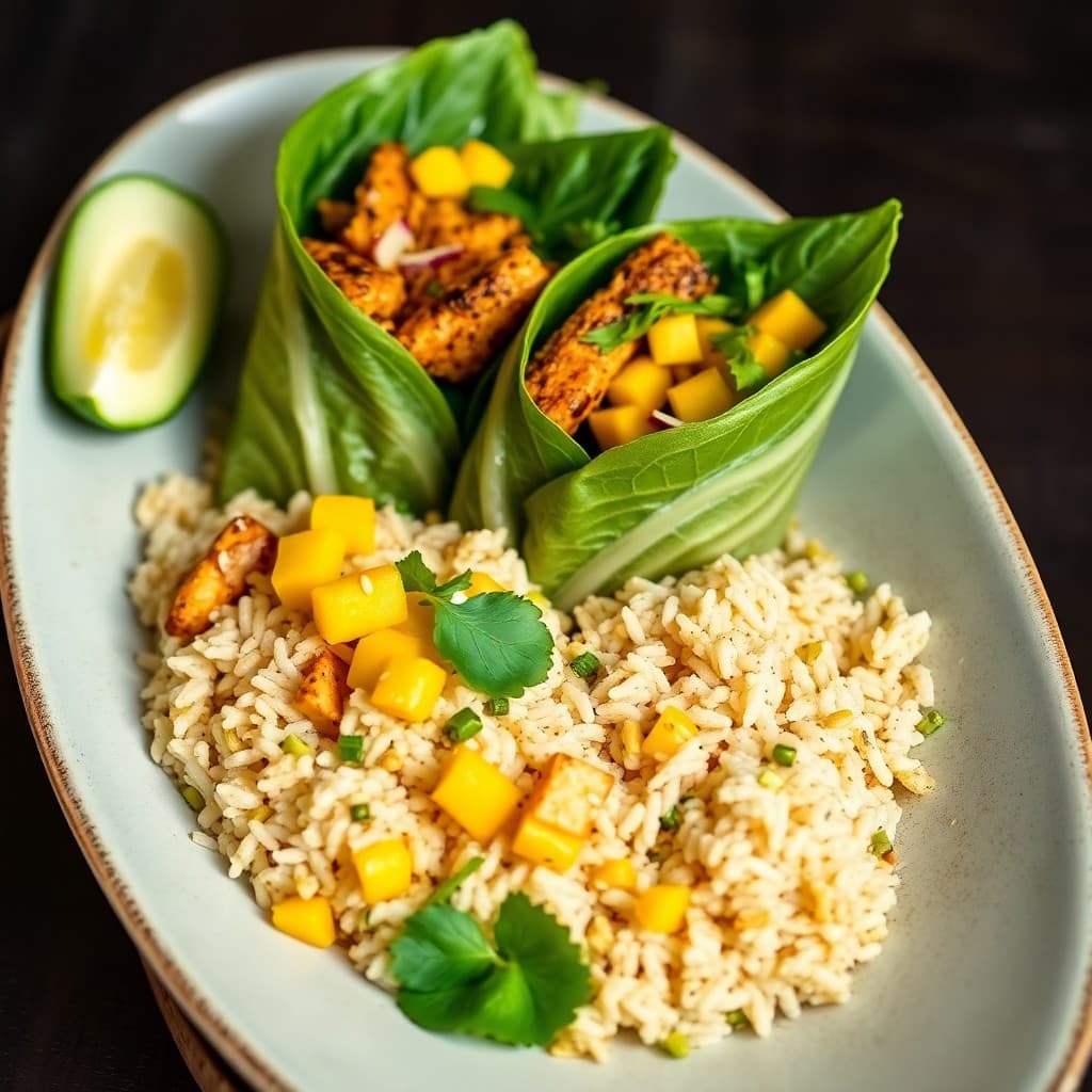 Crispy Tempeh Satay Wraps with Charred Mango Salsa and Coconut-Lime Rice