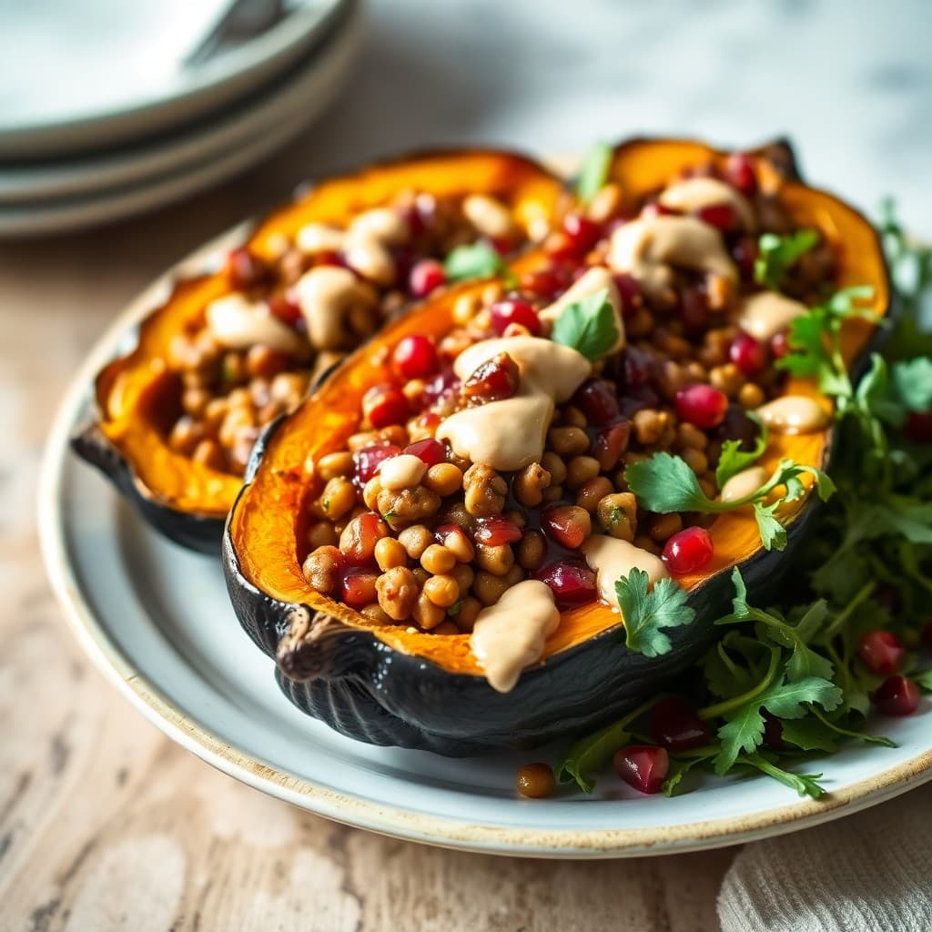 Turkish-Spiced Lentil & Walnut Stuffed Delicata Squash with Pomegranate-Tahini Glaze