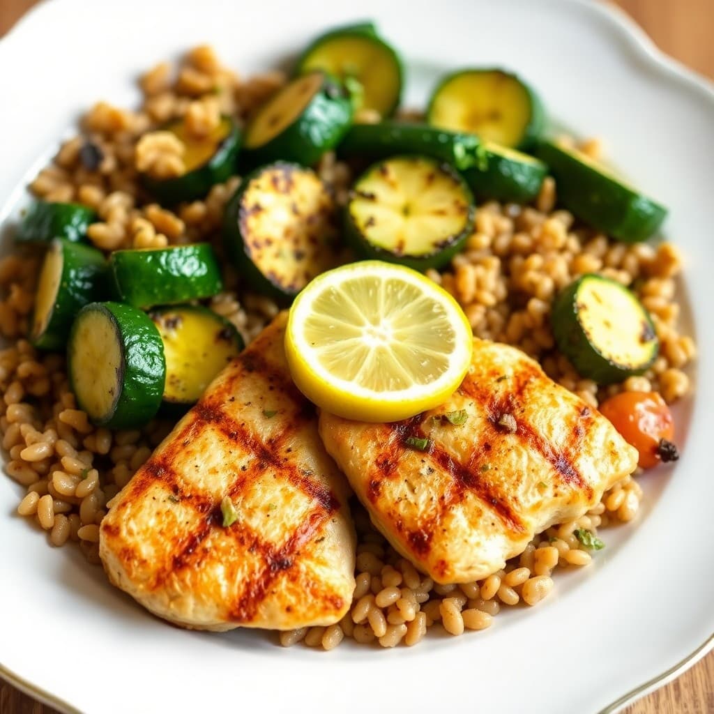 Lemon Garlic Grilled Chicken with Roasted Zucchini and Barley