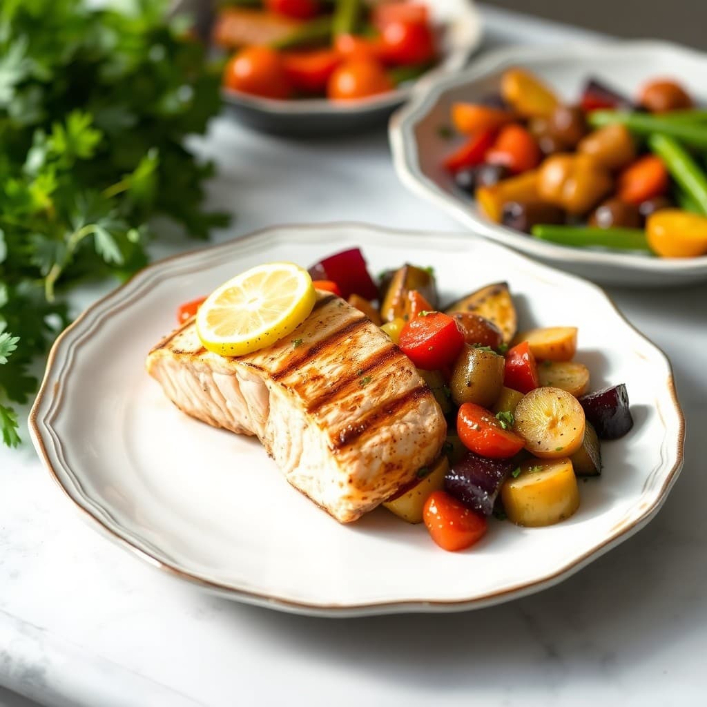 Lemon Garlic Grilled Salmon with Roasted Veggie Medley