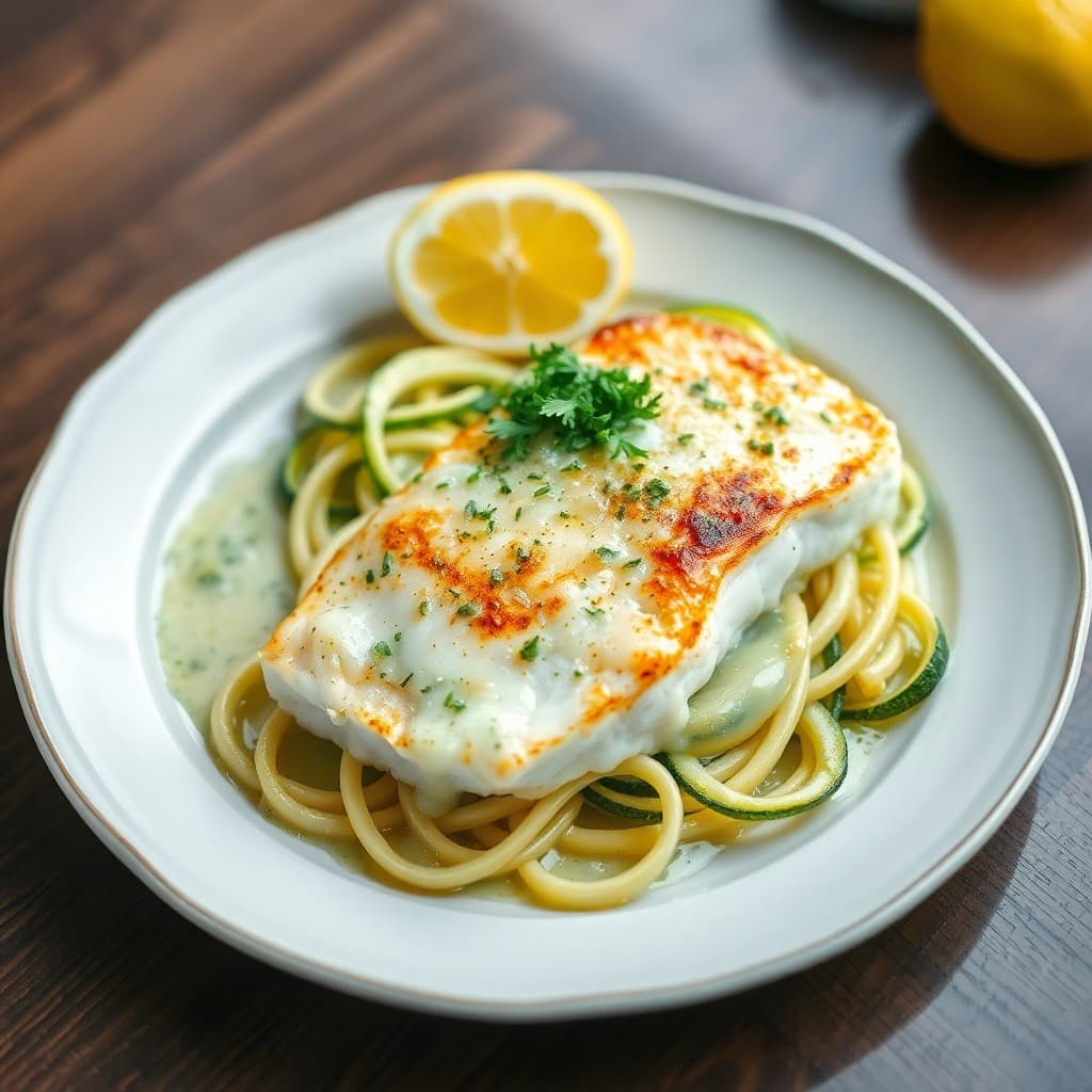Seared Cod with Zucchini Noodles and Lemon Herb Sauce