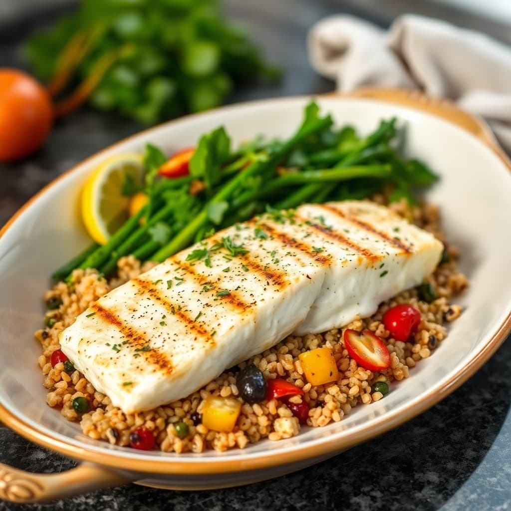 Grilled Lemon-Herb Halibut with Roasted Vegetable Quinoa