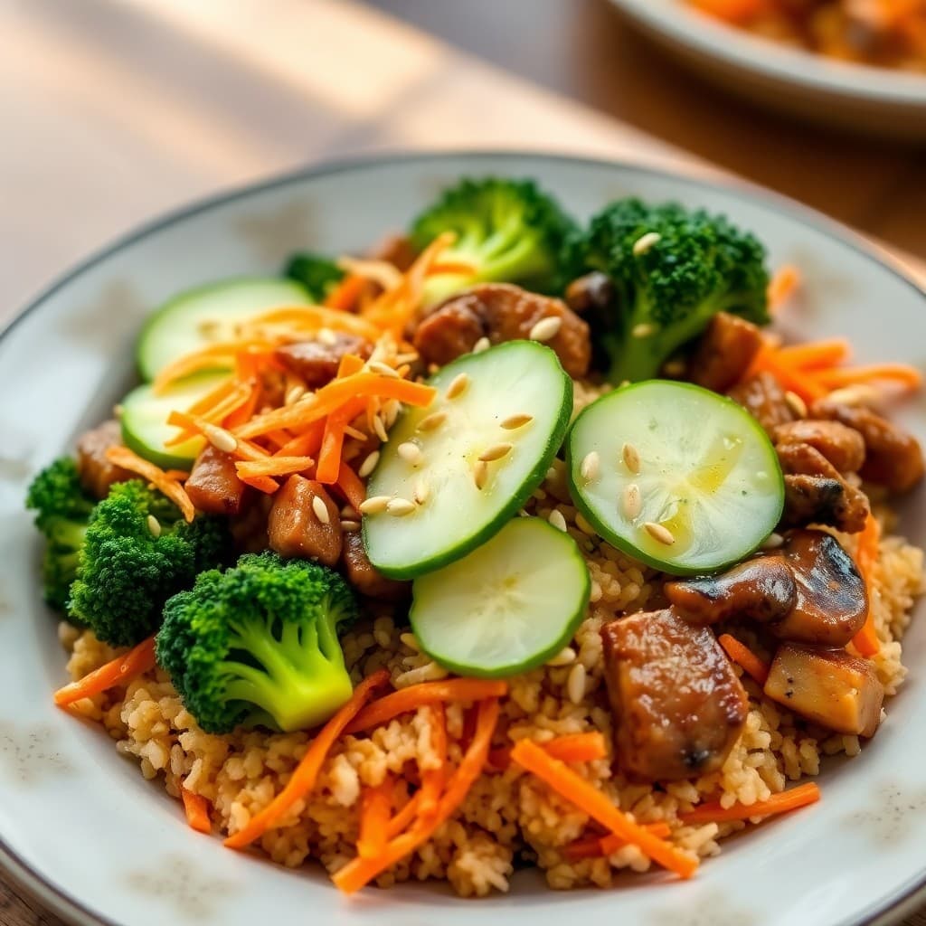 Korean Gochujang Seitan & Mushroom Bibimbap with Crispy Tempeh