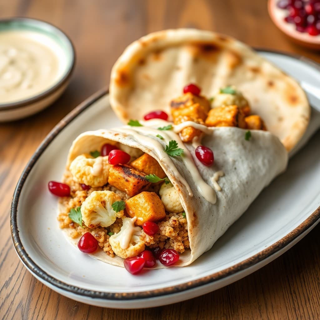 Turkish Za'atar Tofu & Bulgur Breakfast Wrap with Roasted Cauliflower & Pomegranate