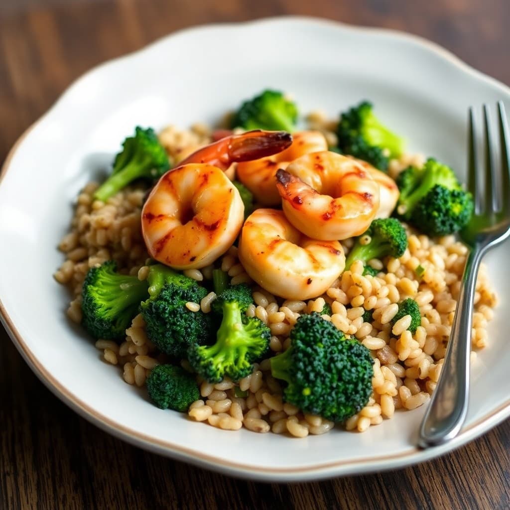 Seared Ginger-Garlic Shrimp with Roasted Broccoli and Farro