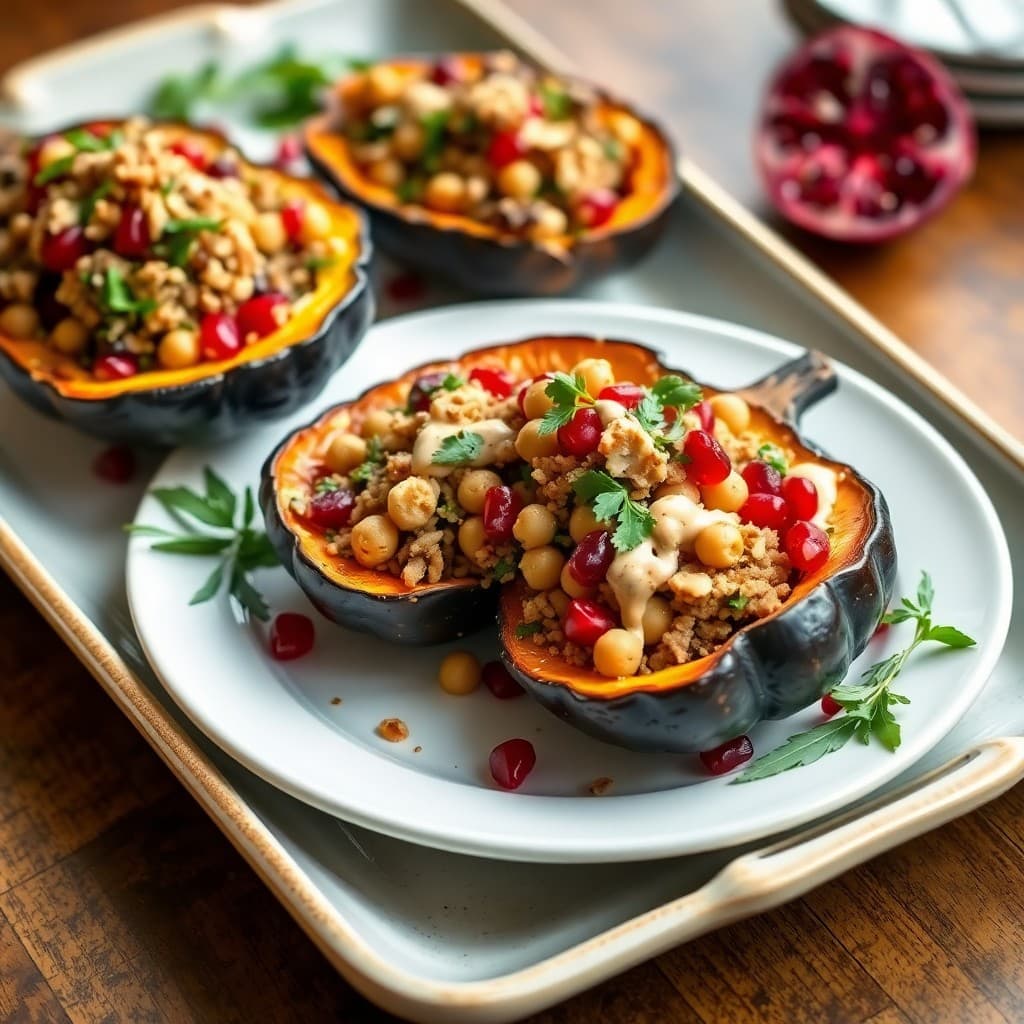 Turkish Walnut & Pomegranate Stuffed Acorn Squash with Crispy Chickpea Crumble