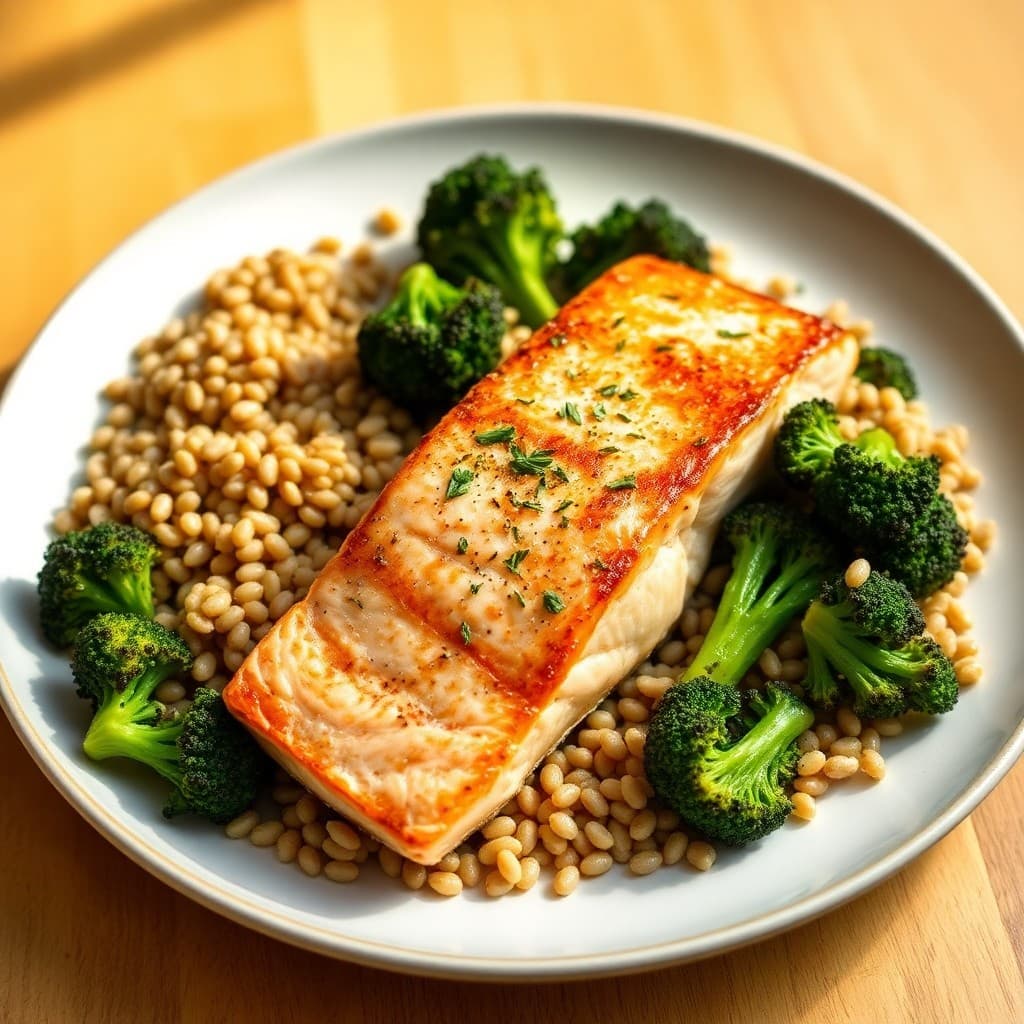 Seared Garlic-Ginger Salmon with Roasted Broccoli and Farro