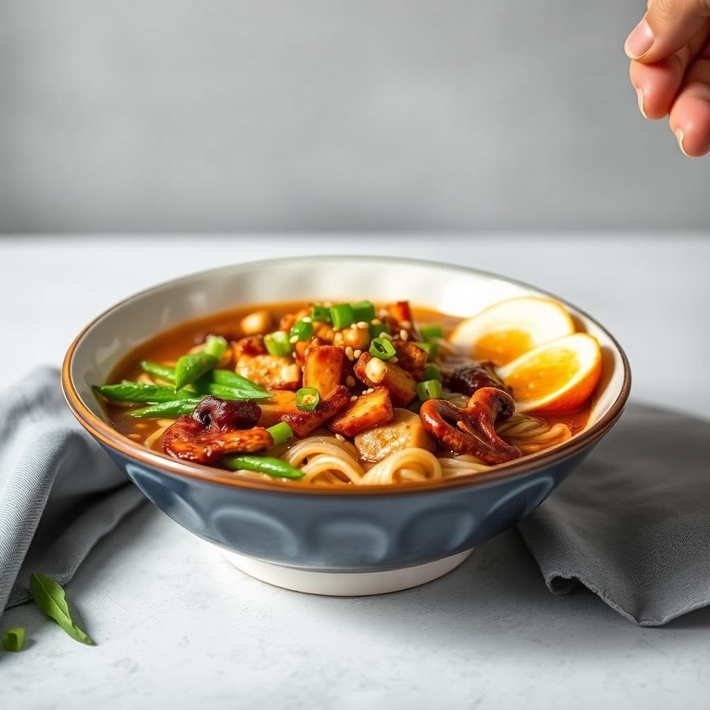 Korean-Inspired Tempeh & Miso Glazed Ramen with Crispy Mushrooms