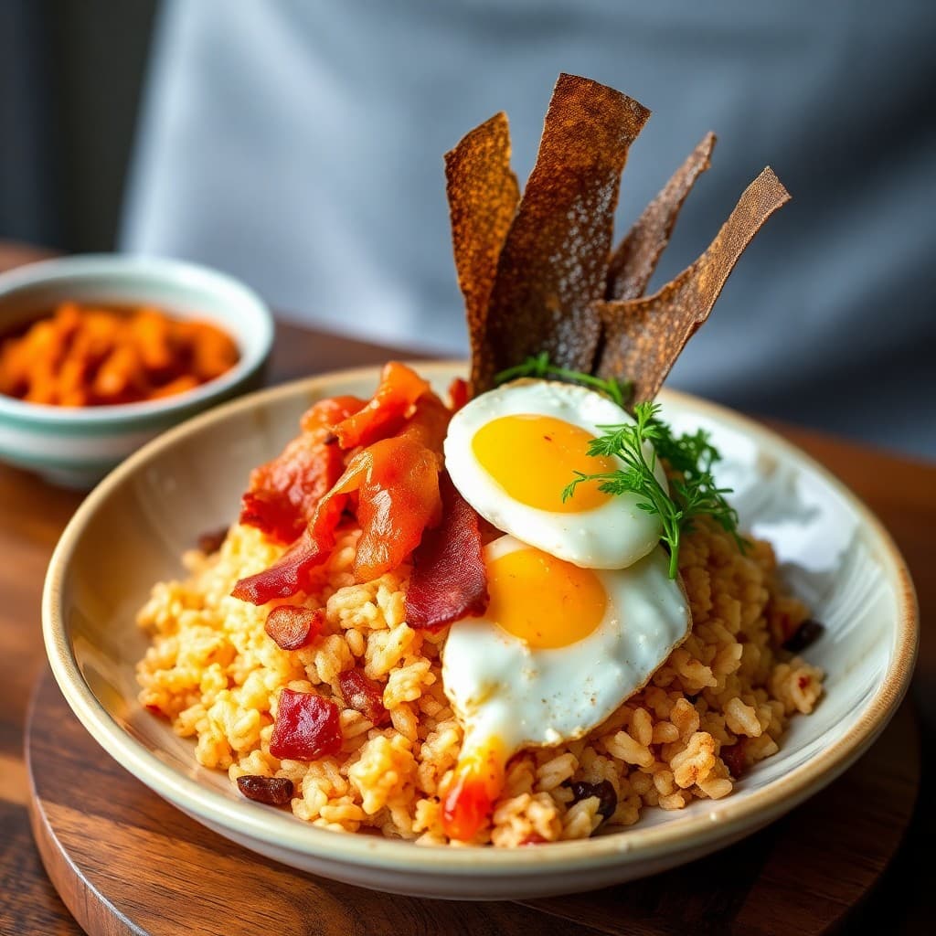 Korean Breakfast Kimchi & Bacon Egg Fried Rice with Crispy Nori Strips