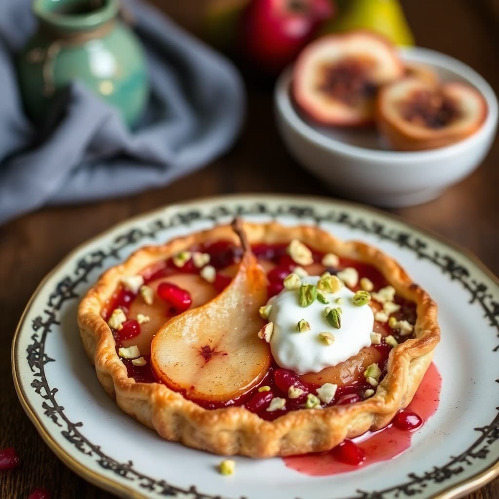 Turkish Pomegranate & Quince Poached Pear Tart with Whipped Labne & Crushed Pistachios