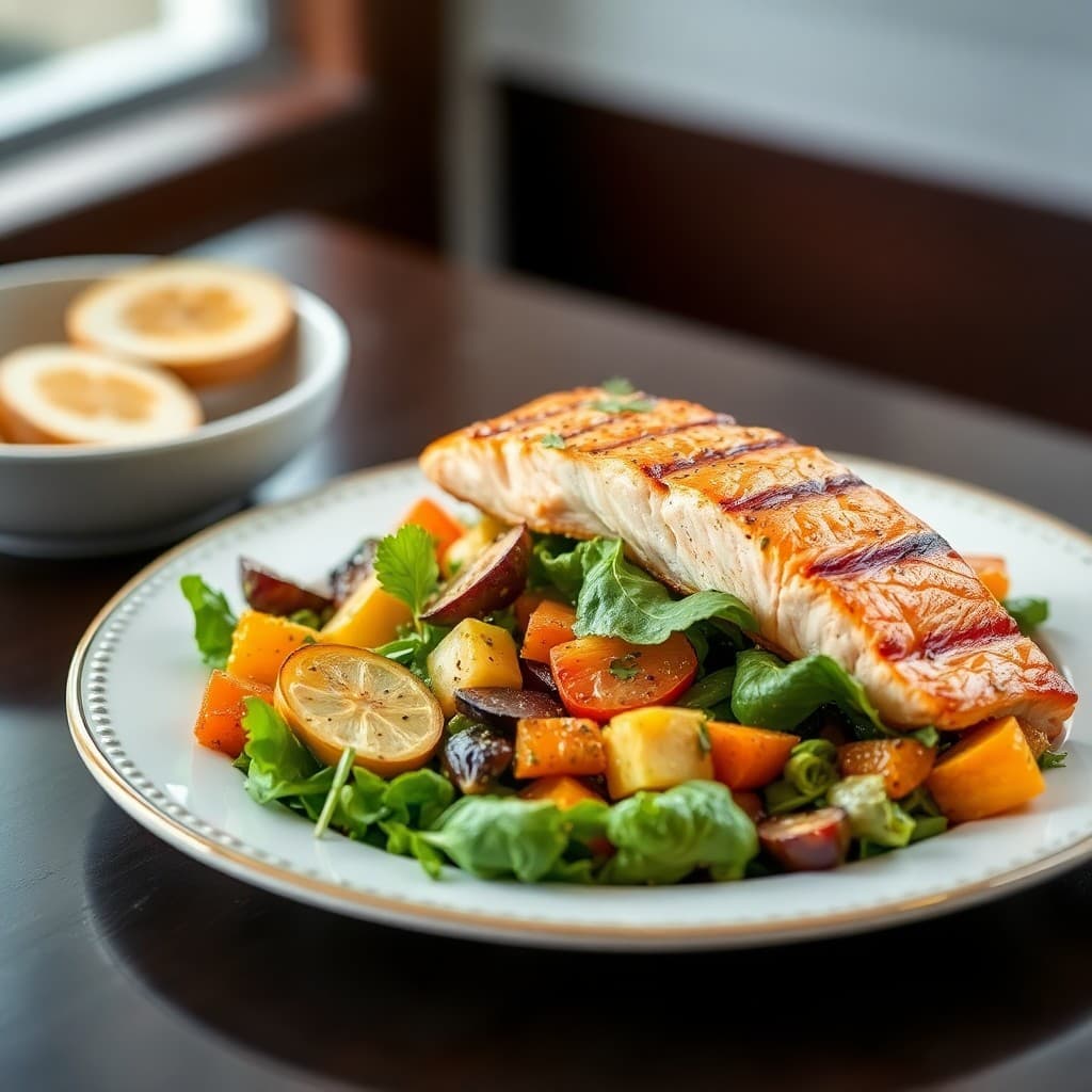 Roasted Autumn Salad with Grilled Salmon
