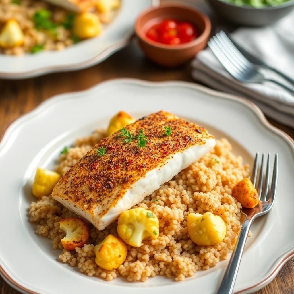 Moroccan-Spiced Halibut with Roasted Cauliflower and Bulgur