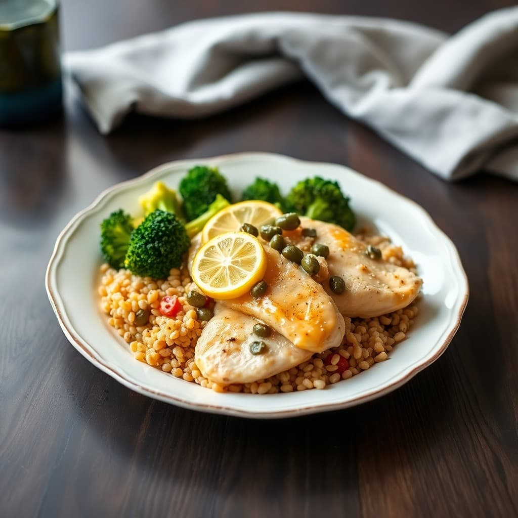 Lemon Chicken Piccata with Roasted Broccoli and Farro