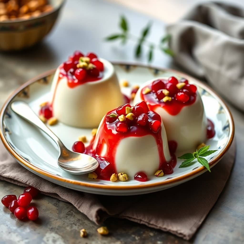 Cardamom-Pistachio Panna Cotta with Pomegranate Compote