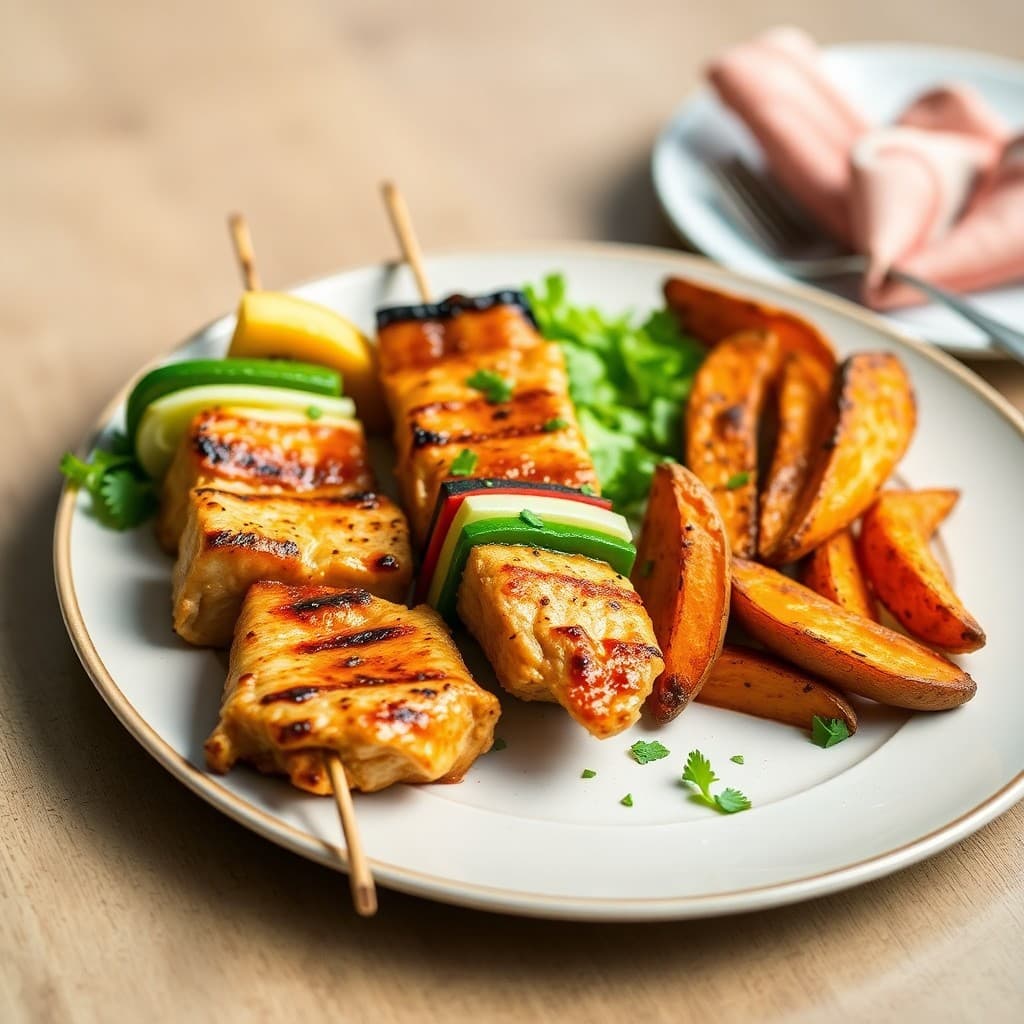 Teriyaki Grilled Chicken Skewers with Roasted Sweet Potato Wedges