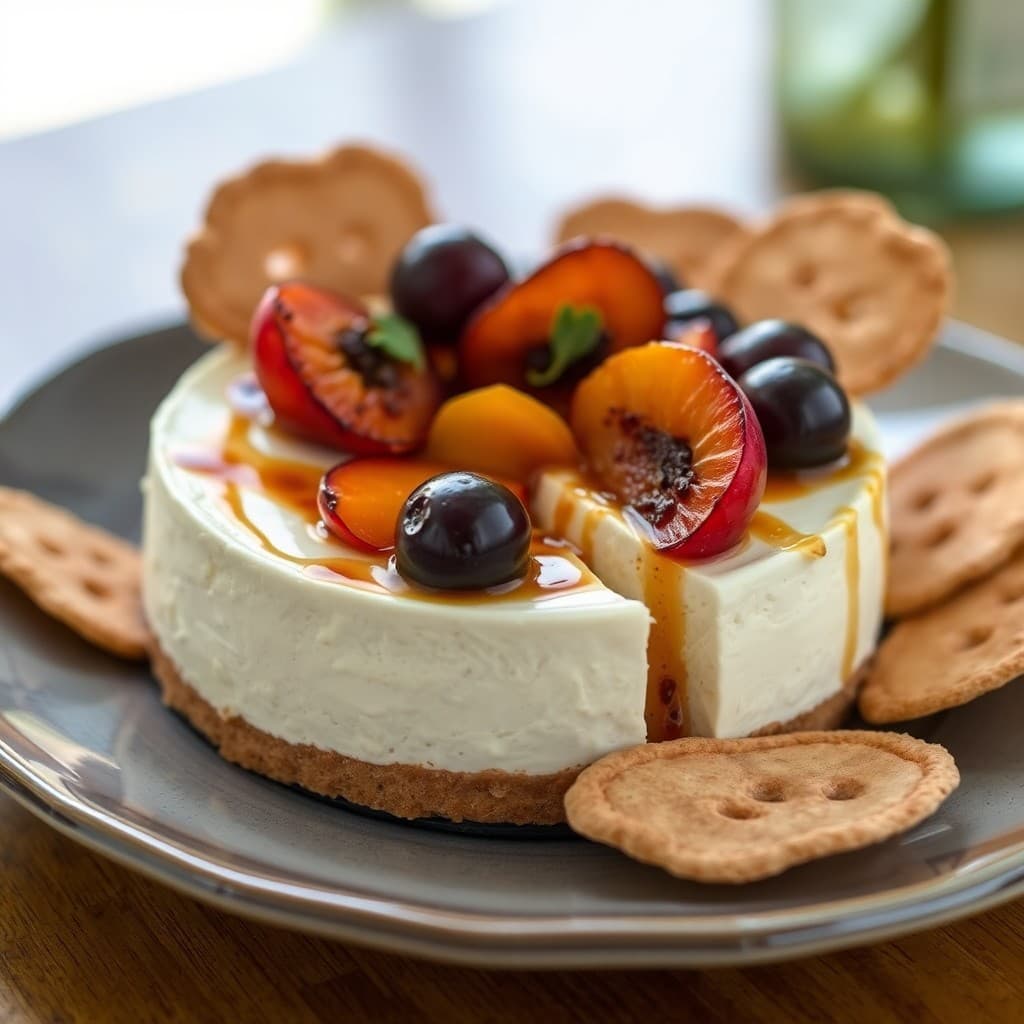 Provençal Lavender-Honey Cheesecake with Roasted Stone Fruit & Crispy Olive Oil Wafers