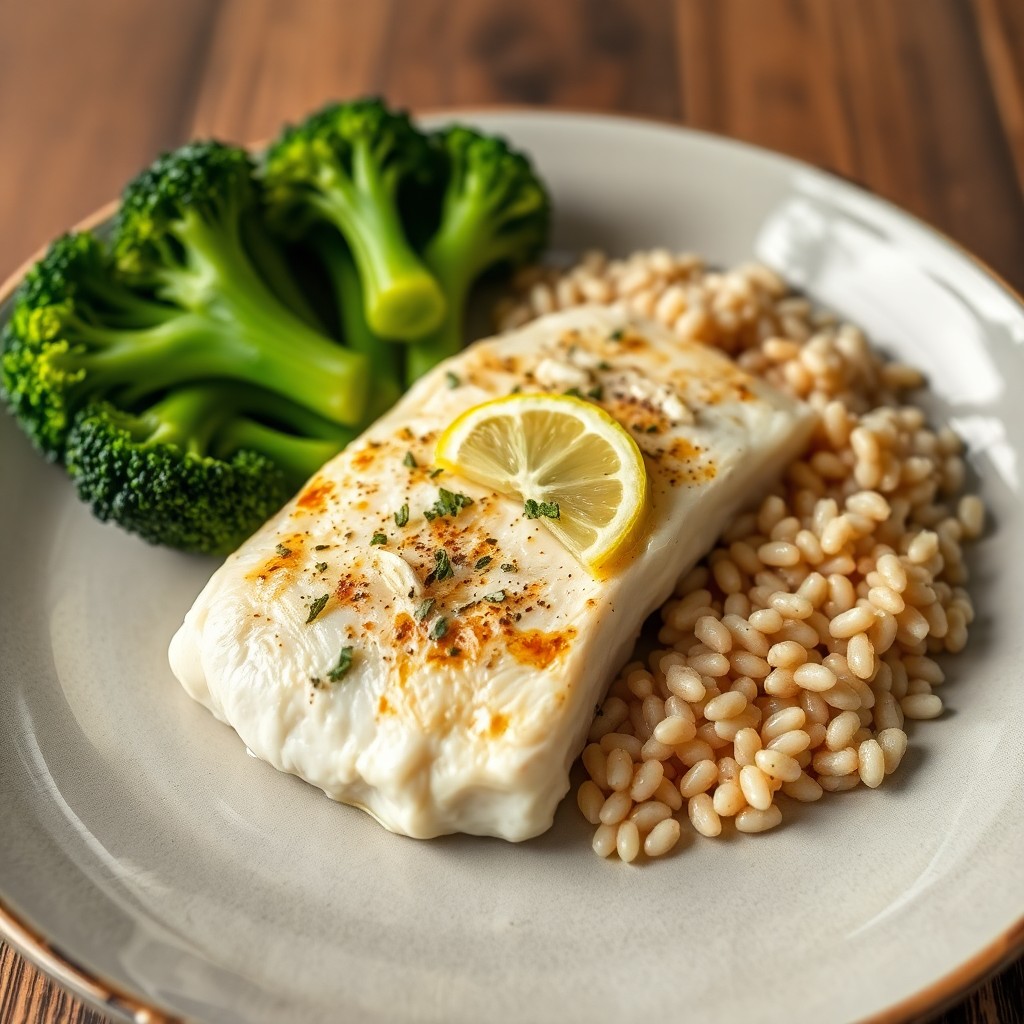 Seared Lemon Pepper Cod with Garlic Roasted Broccoli and Barley